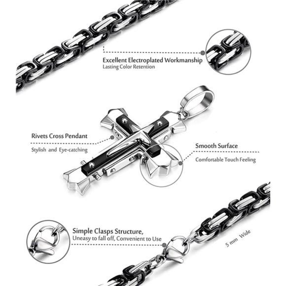 Stainless Steel Cross Pendant Necklace for Men 5MM  Chain Necklace 22-28 Inch - Picture 3 of 7